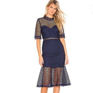 Bardot Navy mesh trumpet dress.